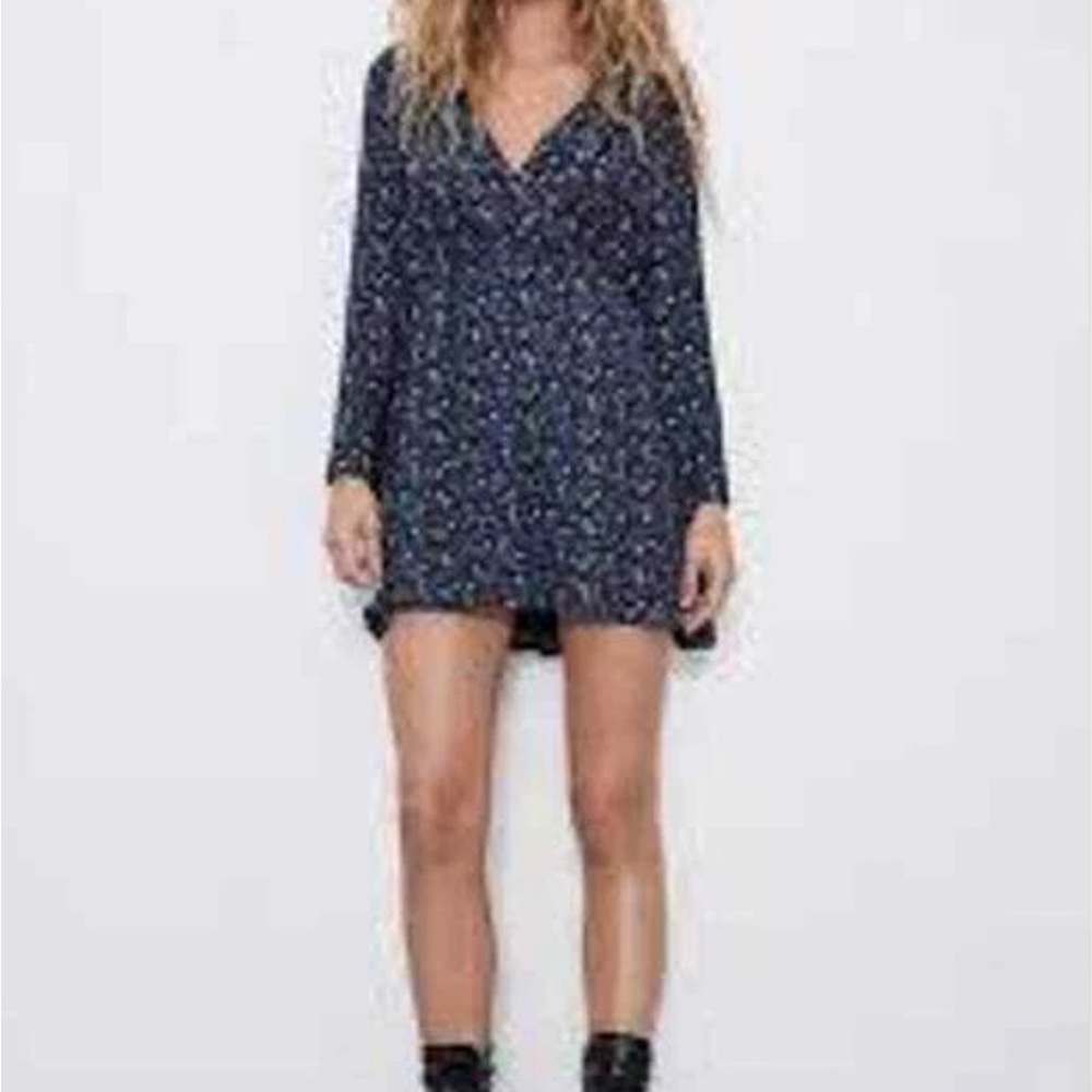 Zara Floral Long Sleeve Dress S Blue Boho